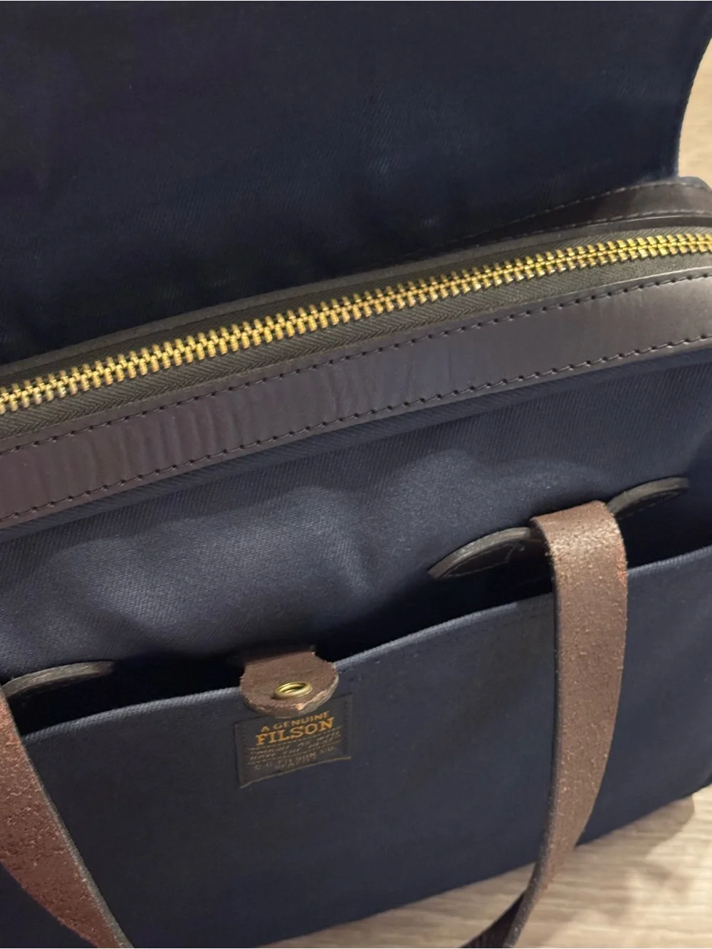 Filson Navy and Dark Brown Leather Laptop Briefcase
